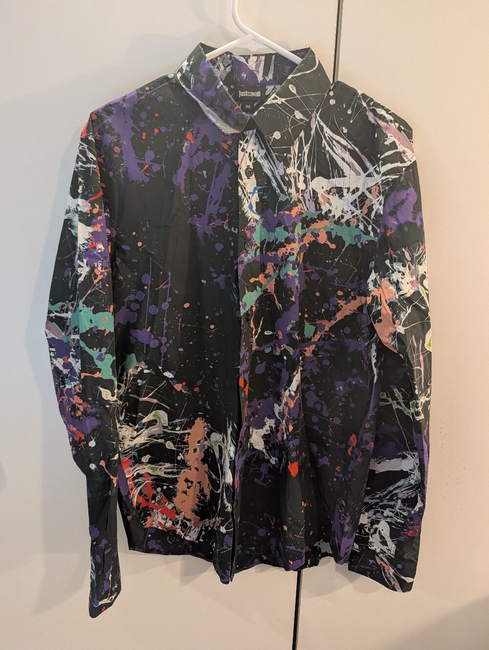 Just Cavalli Mens Size 50 Black Paint-Splash Long-Sleeve Shirt NWT